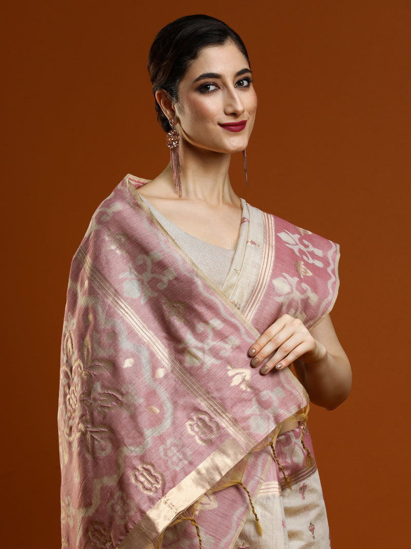 Sarha Ethnic Motif Woven Design Zari Chanderi Saree in Beige