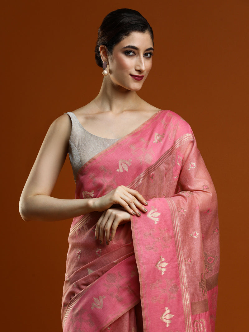 Sarha Women Ethnic Motifs Woven Design Chanderi Saree in Pink