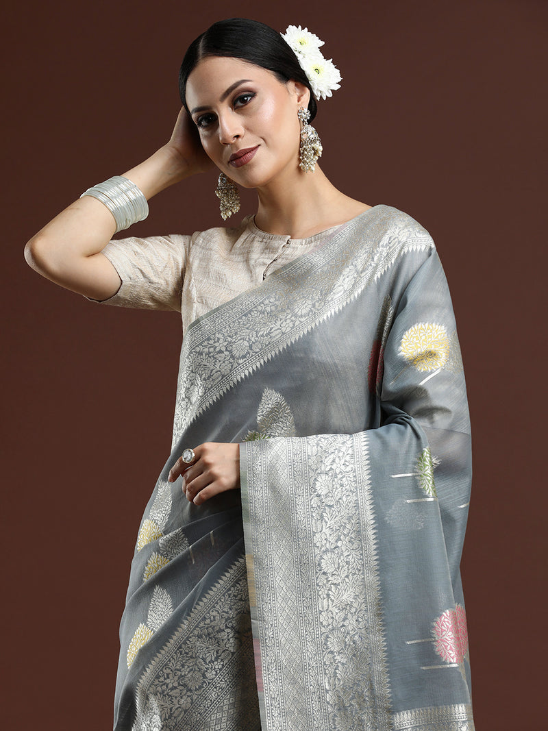 Woven Design Chanderi Cotton Saree in Grey