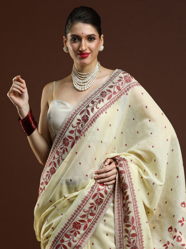 Sarha Ethnic Motifs Woven Design Zari Banarasi Saree in Cream