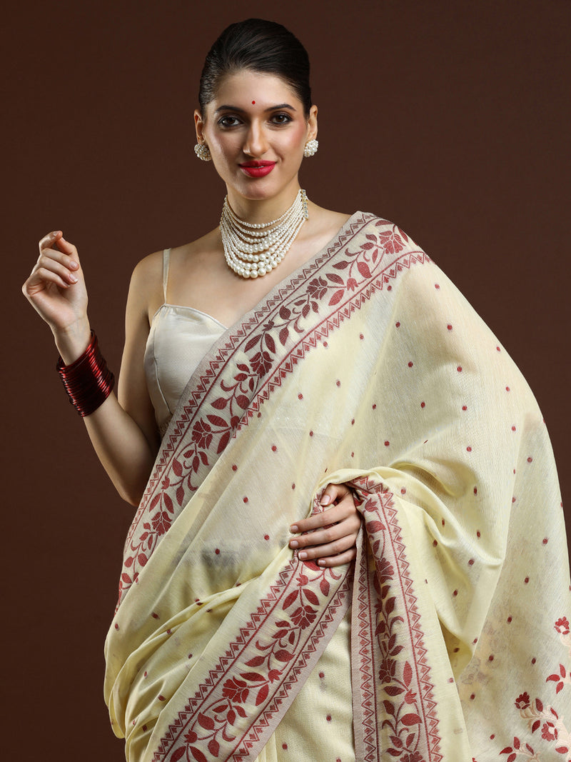 Sarha Ethnic Motifs Woven Design Zari Banarasi Saree in Cream