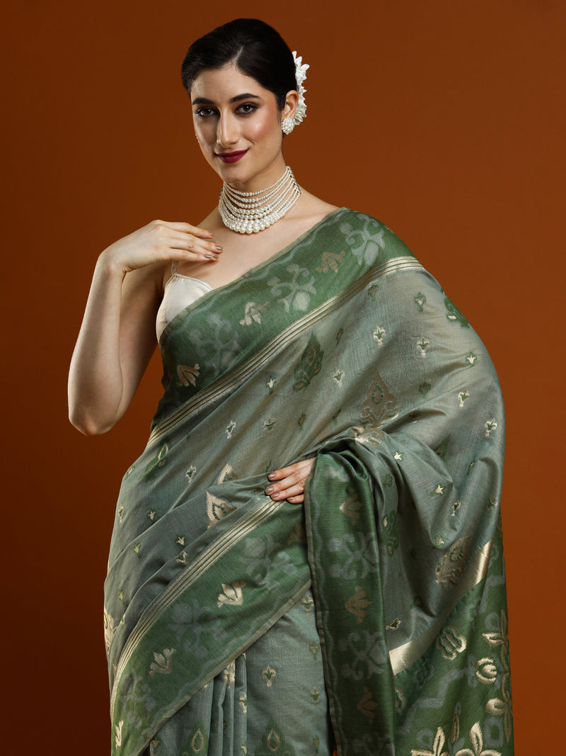 Sarha Woven Design Designer Chanderi Cotton Blend Saree in Green