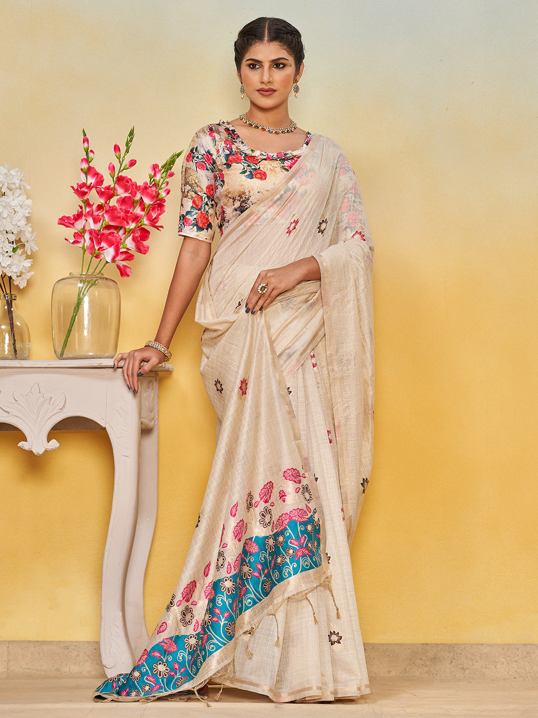 Sundari Cotton in Beige with Light Blue Motifs