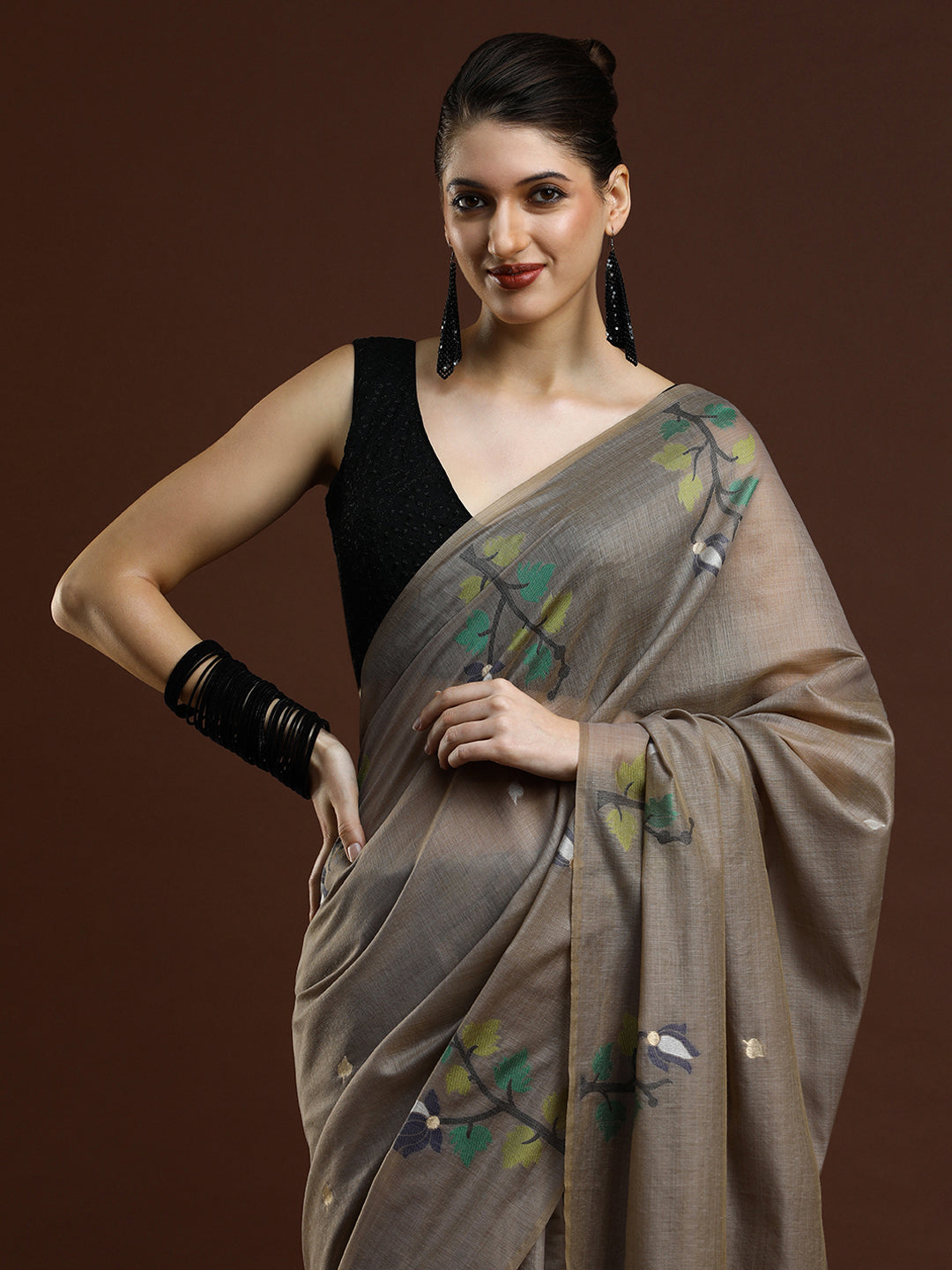Sarha Ethnic Motif Woven Design Zari Muga Saree in Grey