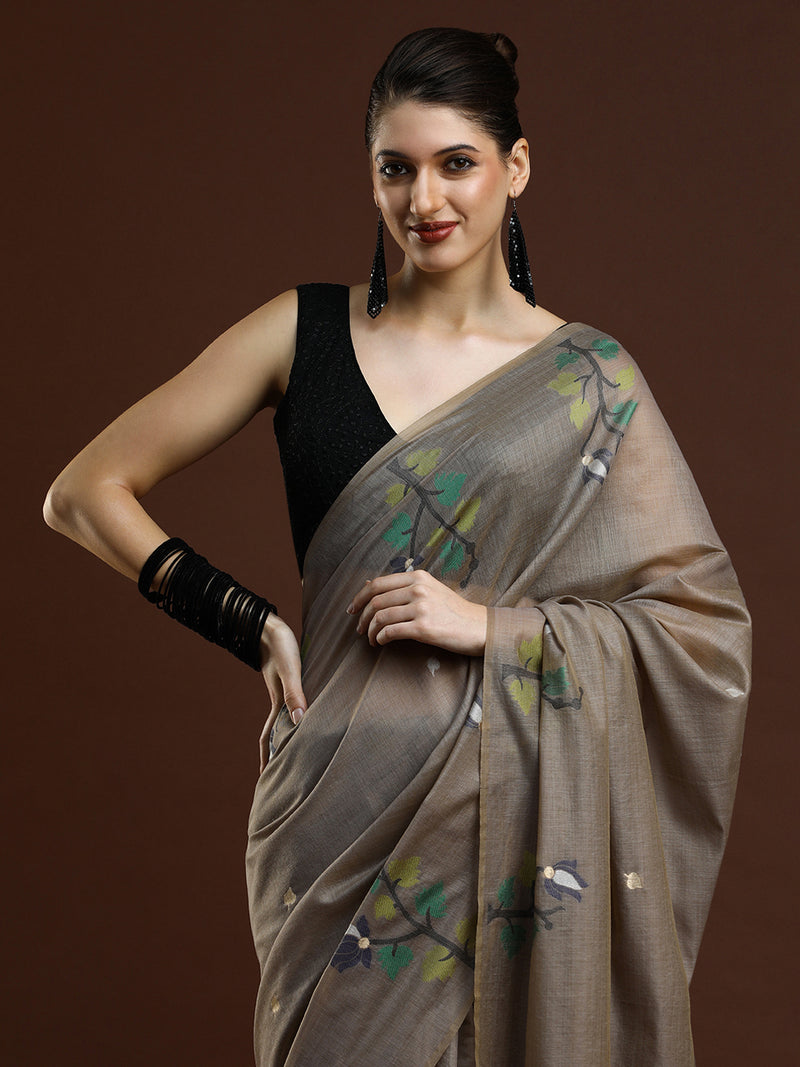 Sarha Ethnic Motif Woven Design Zari Muga Saree in Grey