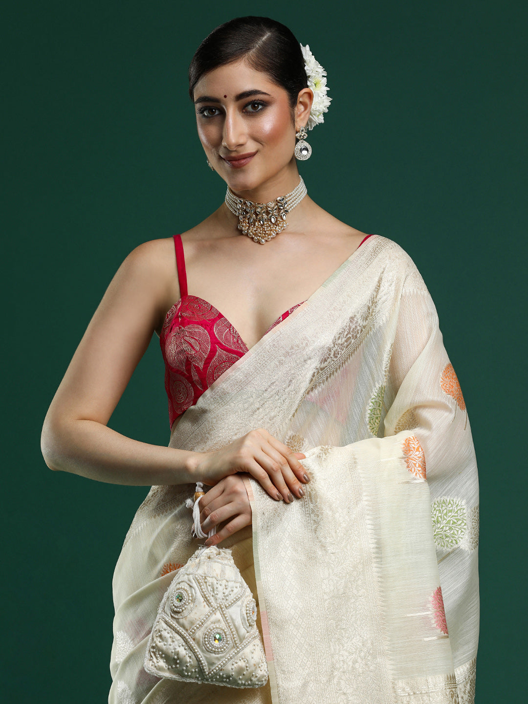 Woven Design Chanderi Cotton Saree in Cream