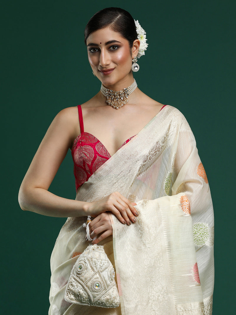 Woven Design Chanderi Cotton Saree in Cream