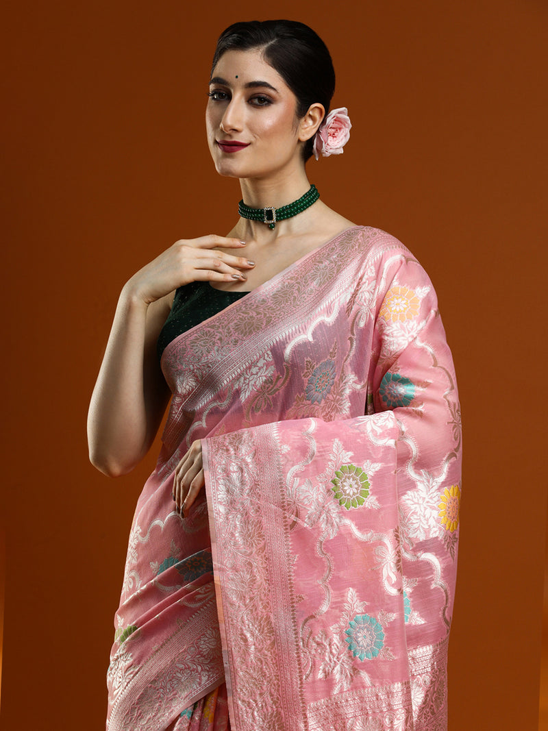 Sarha Woven Design Zari Chanderi Saree in Pink