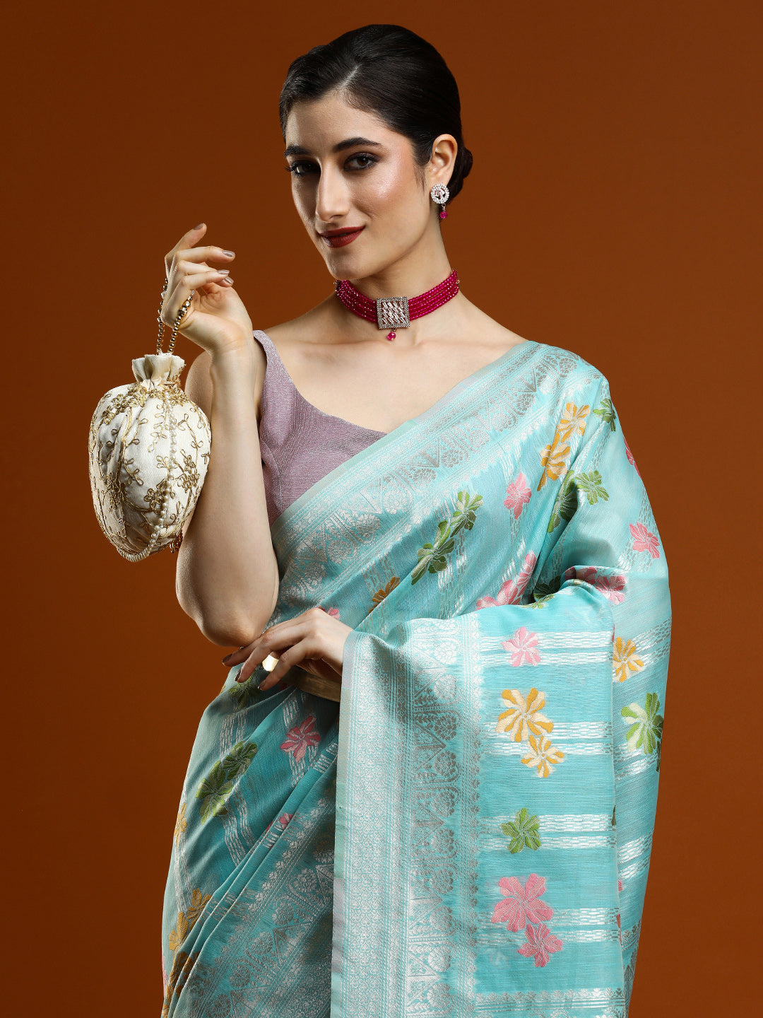 Sarha Floral Motifs Woven Design Zari Chanderi Saree in Light Blue