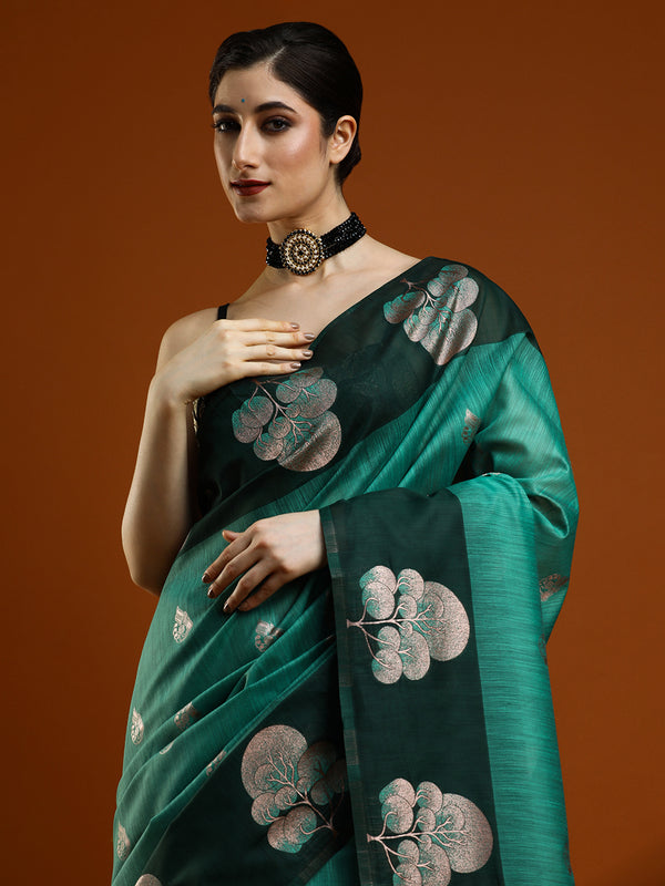 Sarha Ethnic Motifs Woven Design Zari Muga Saree in Sea Green
