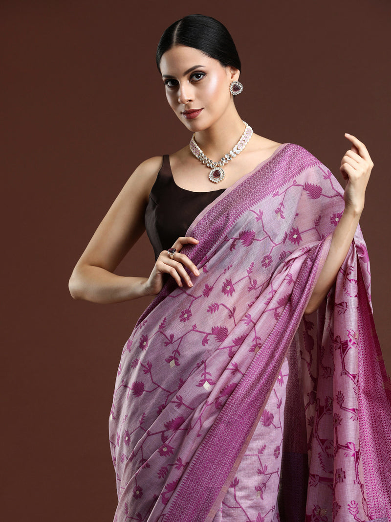 Woven Design Floral Chanderi Cotton Saree in Purple