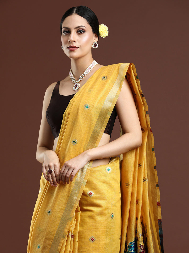 Woven Design Floral Muga Cotton Saree in Yellow