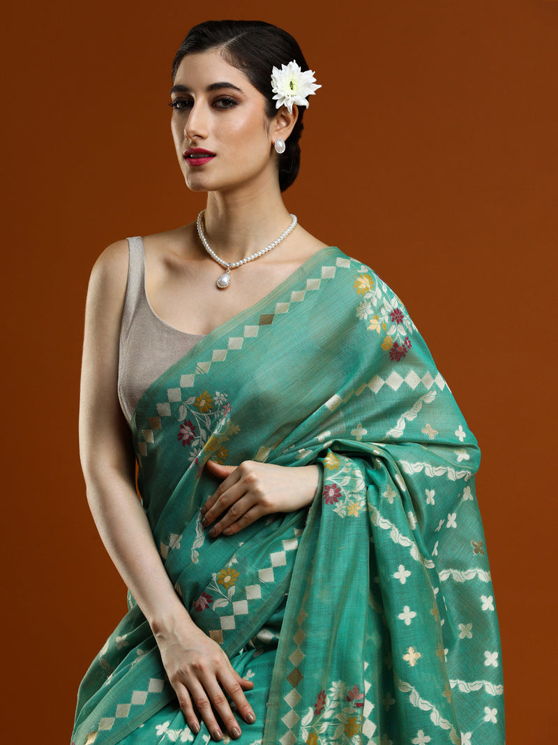 Sarha Women Woven Design Zari Banarasi Saree in Green