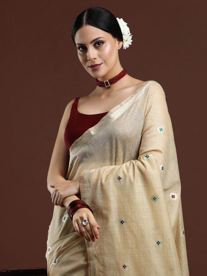 Woven Design Floral Muga Cotton Saree in Beige