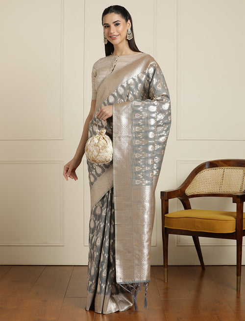 Ethnic Geometric Woven Design Muga Saree With Blouse Piece in Grey