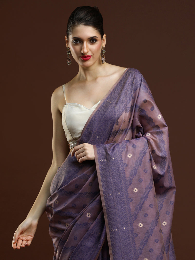 Sarha Ethnic Motifs Woven Design Zari Chanderi Saree with Blouse Piece in Lavender