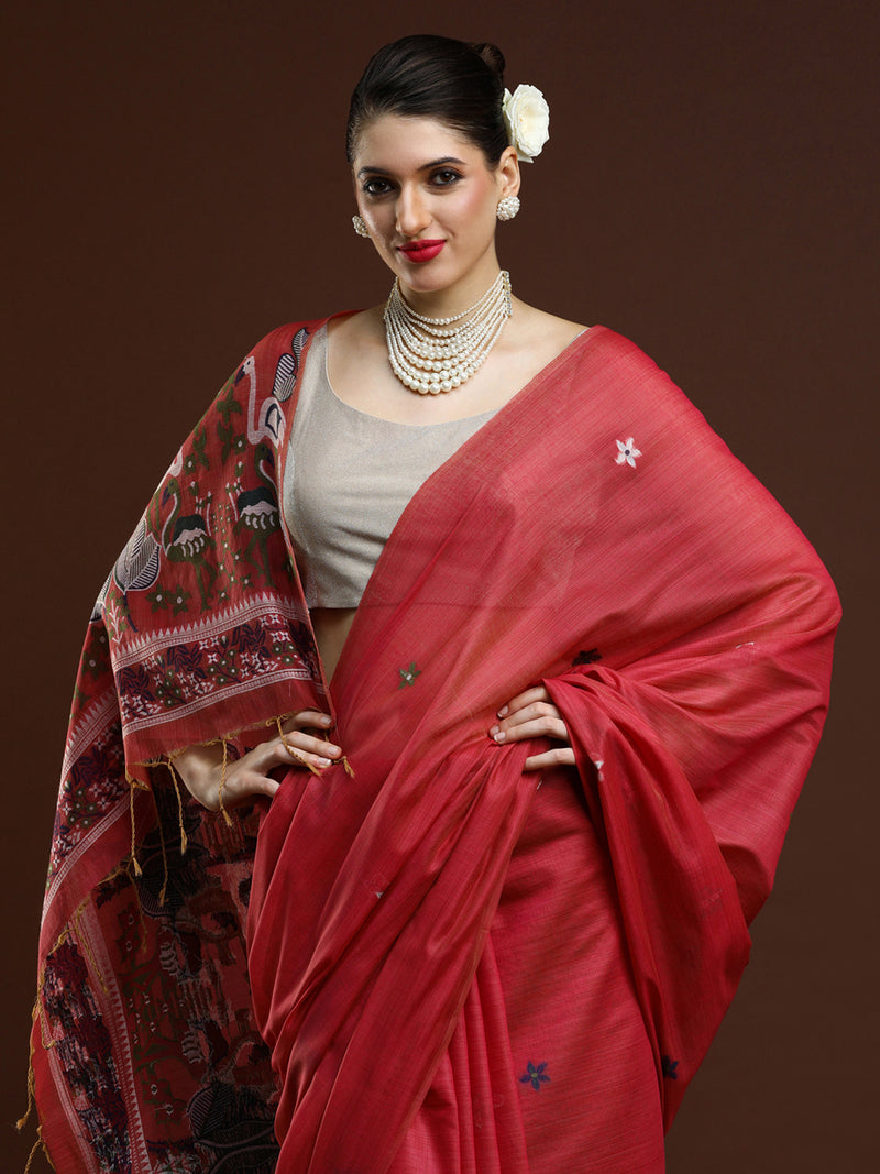 Sarha Woven Design Floral Zari Muga Saree in Red