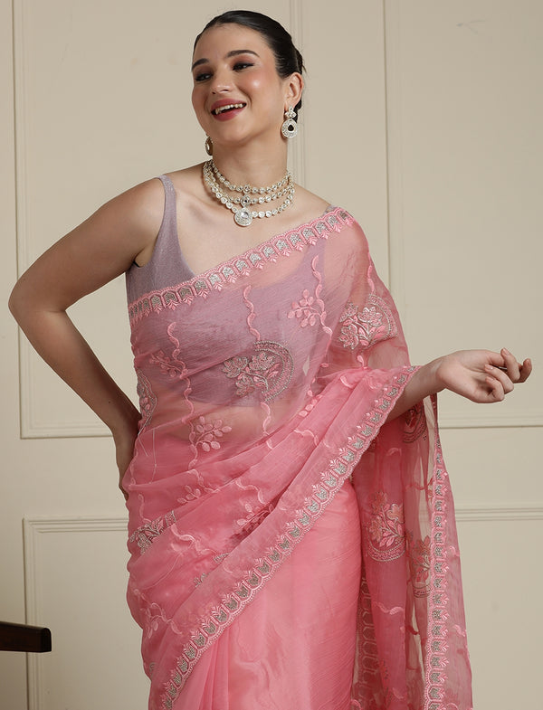 Floral Motifs Embroidered Saree with Unstitched Blouse in Pink