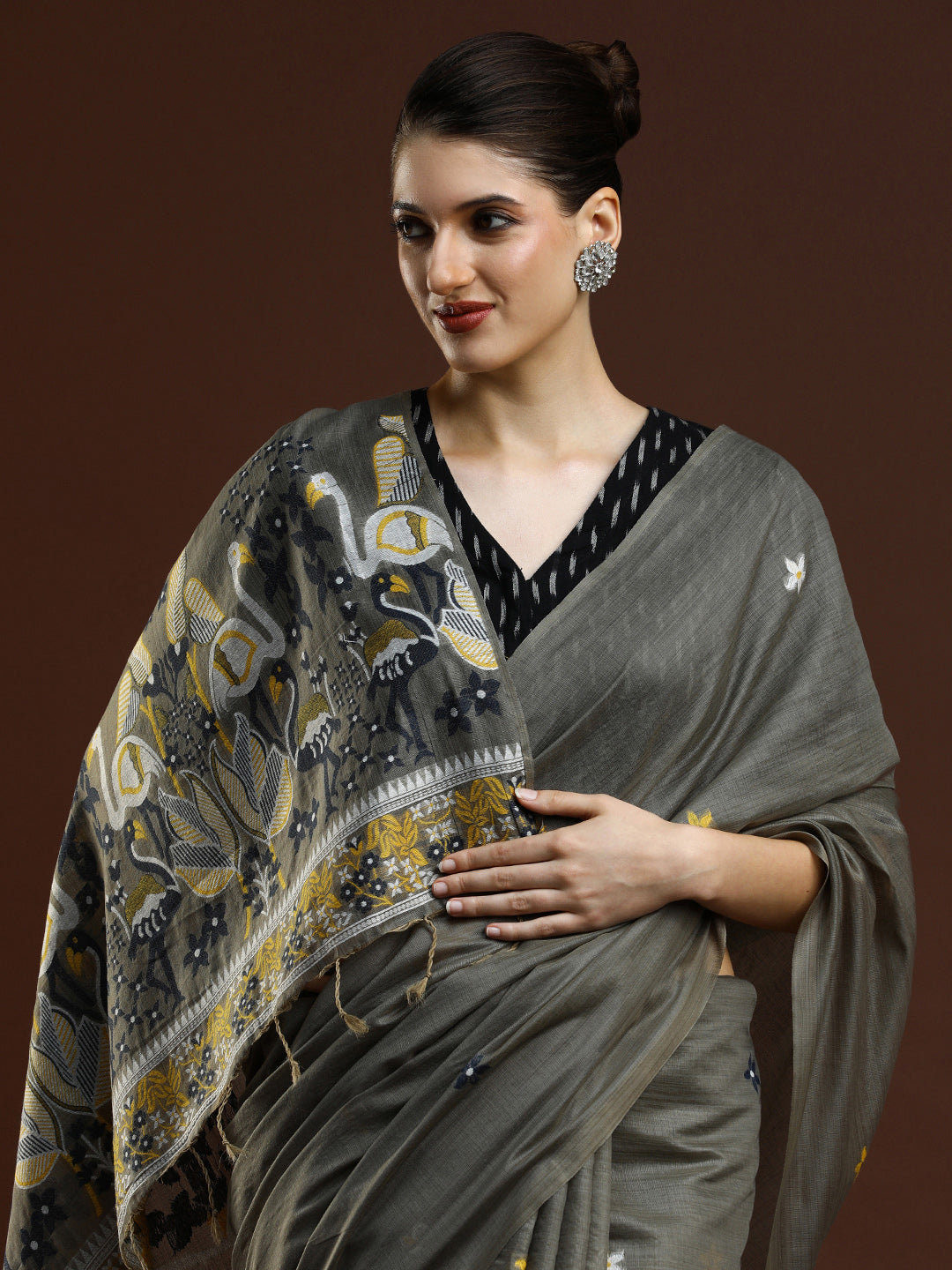 Sarha Floral Printed Muga Saree in Grey