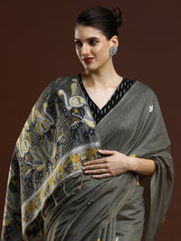 Sarha Floral Printed Muga Saree in Grey