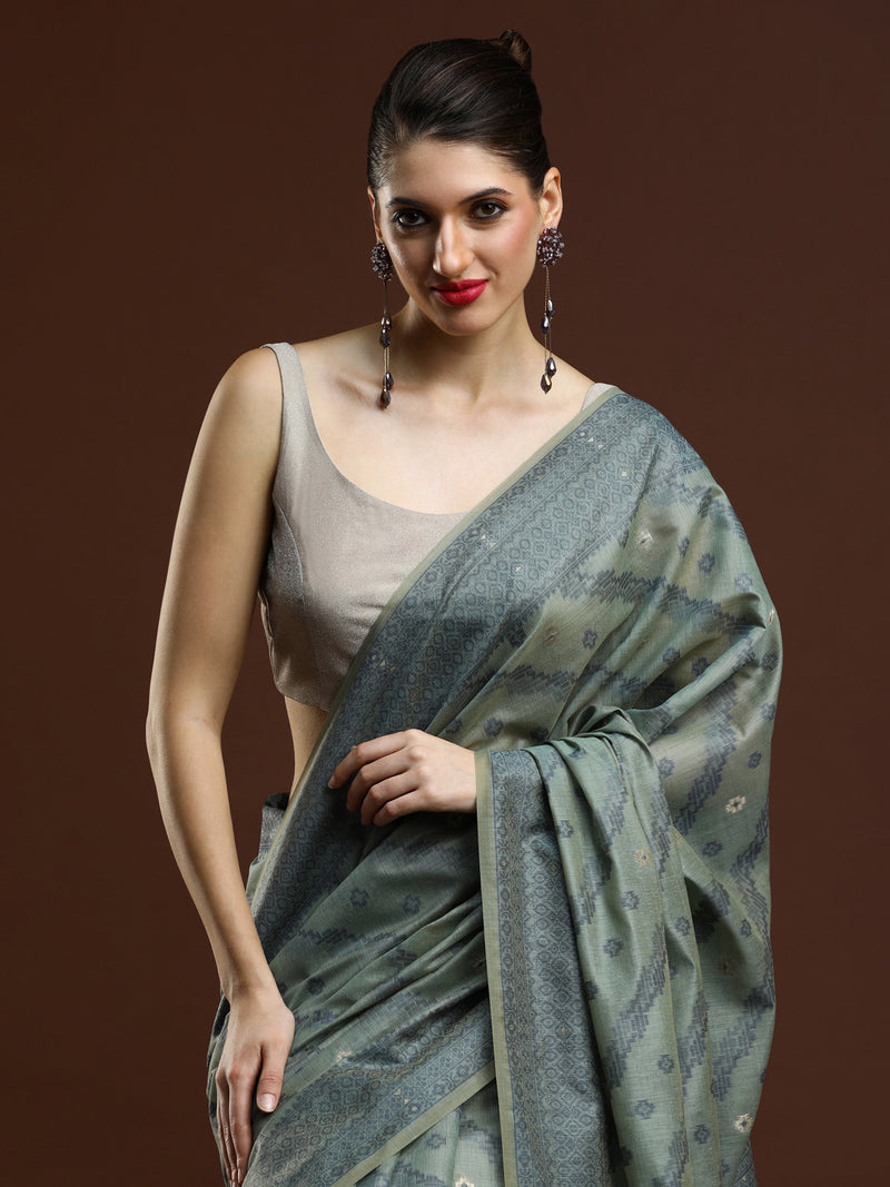 Sarha Ethnic Motifs Woven Design Zari Chanderi Saree in Green