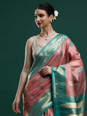 Sarha Women Ethnic Motif Woven Design Zari Art Silk Banarasi Saree in Pink