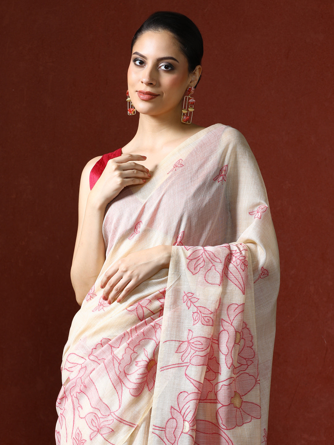 Floral Printed Zari Chanderi Saree in pink
