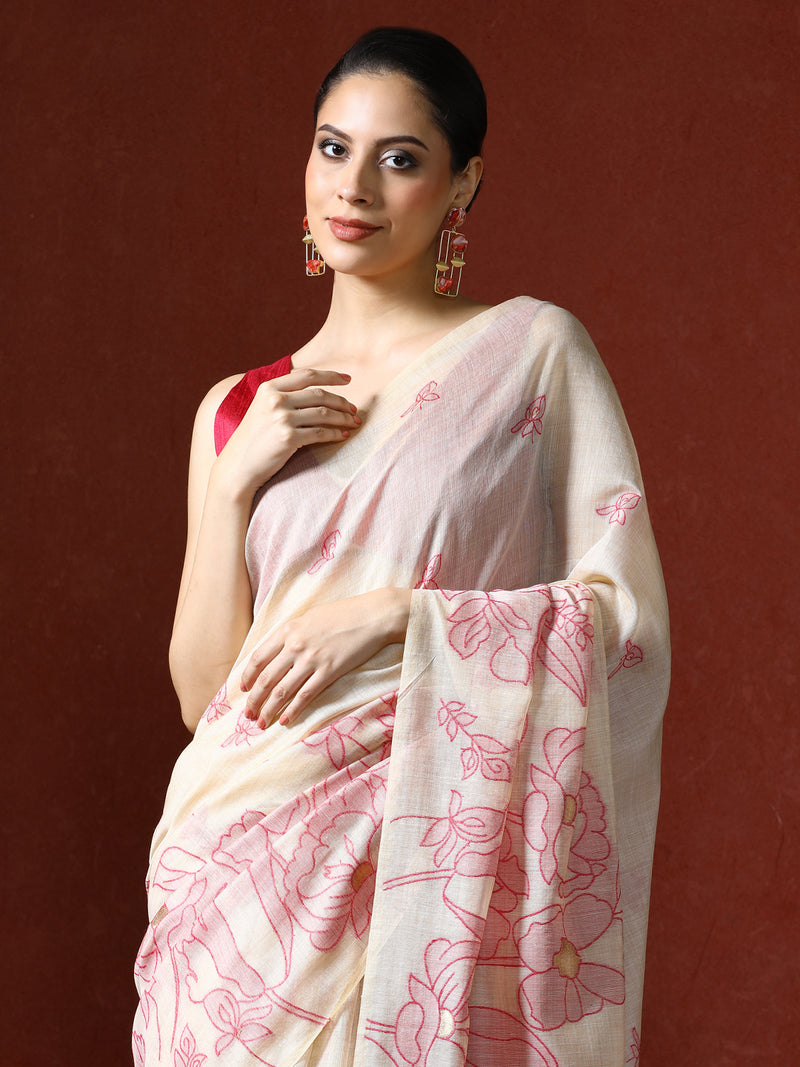 Floral Printed Zari Chanderi Saree in pink