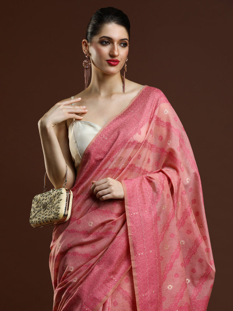 Sarha Floral Motifs Woven Design Chanderi Saree in Pink