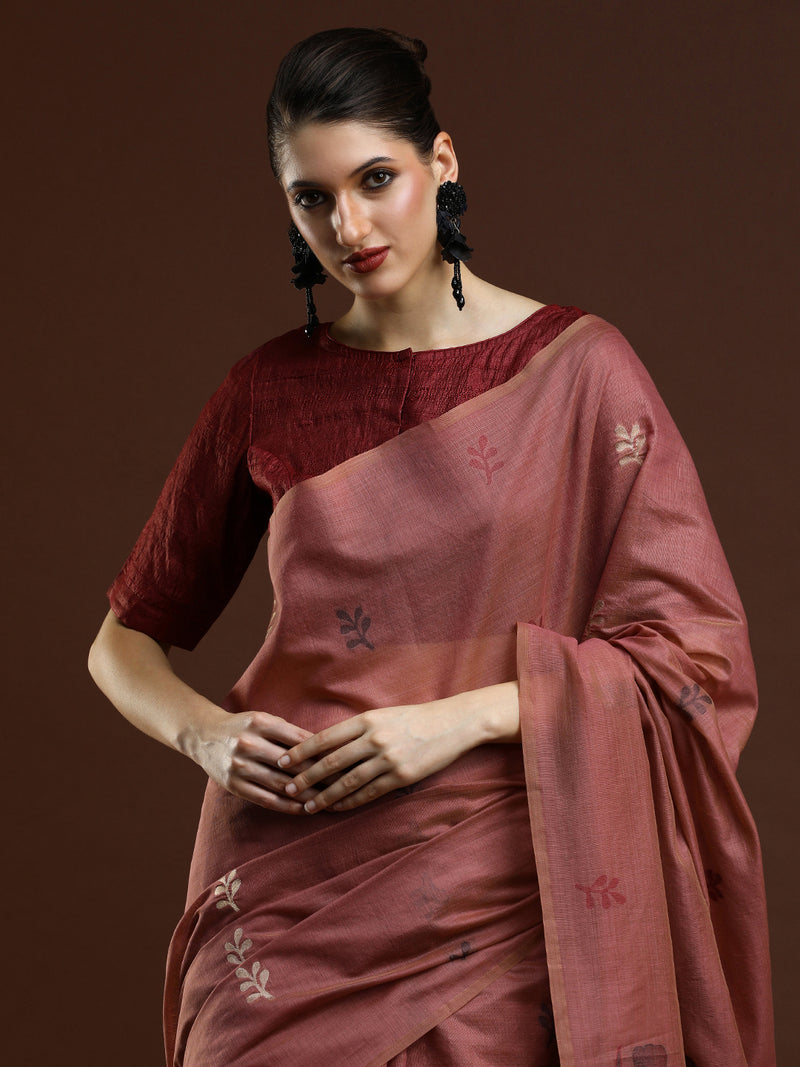 Sarha Floral Woven Design Muga Saree with Saree Blouse in Pink
