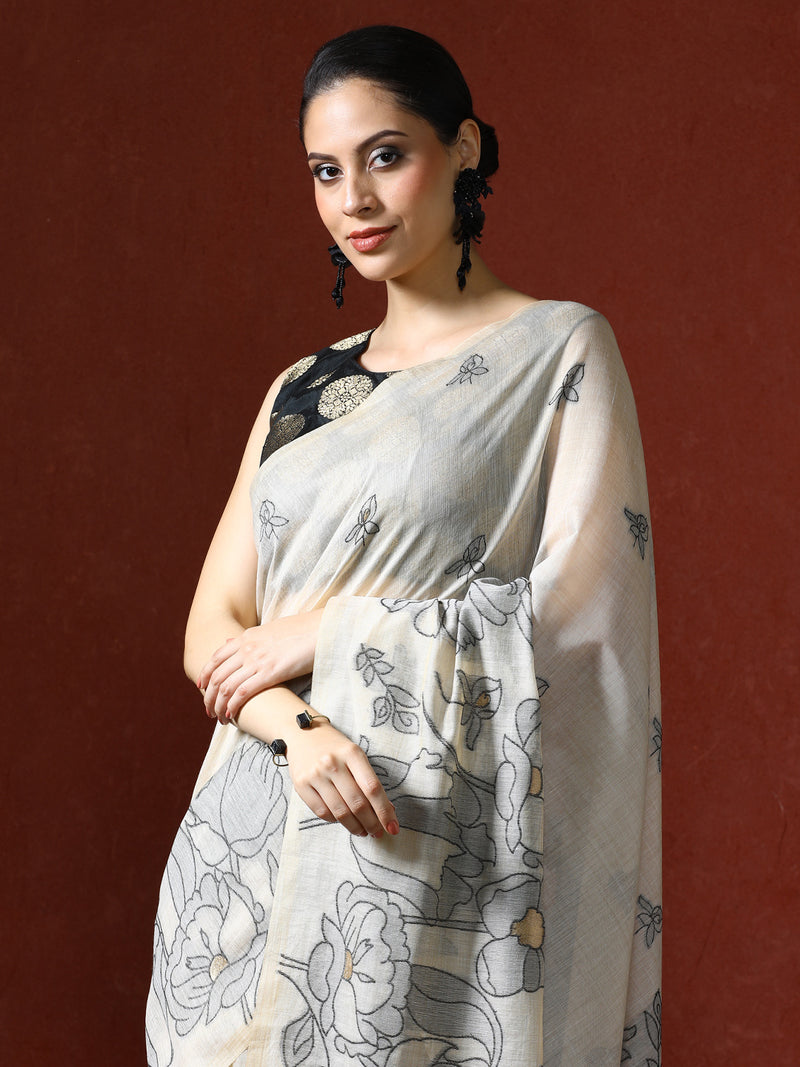 Floral Printed Zari Chanderi Saree in black