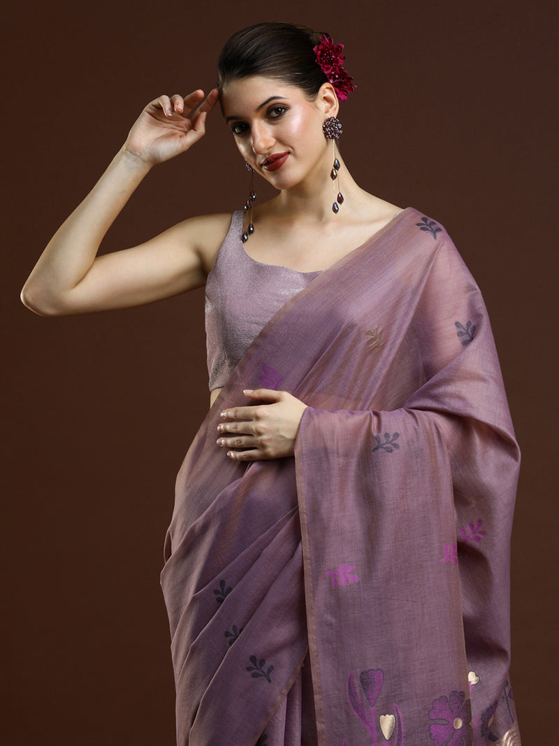 Sarha Floral Woven Design Muga Saree in Lavender