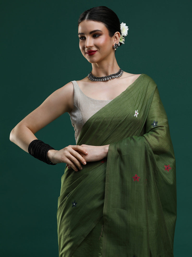 Sarha Woven Design Zari Muga Saree in Olive Green