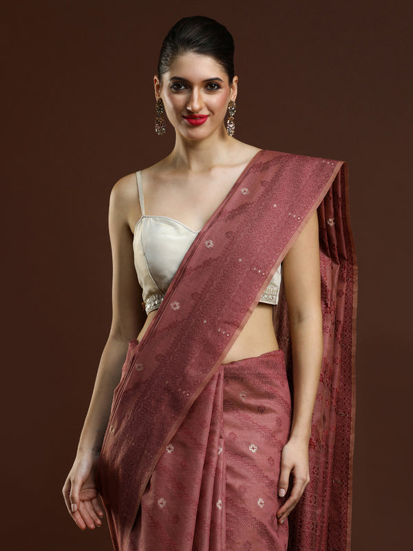Sarha Woven Design Zari Chanderi Saree in Rust Orange