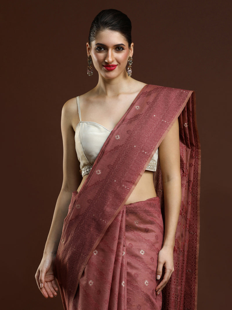 Sarha Woven Design Zari Chanderi Saree in Rust Orange