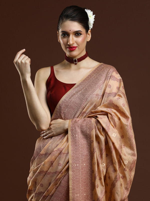 Sarha Ethnic Motif Woven Design Zari Chanderi Saree in Beige