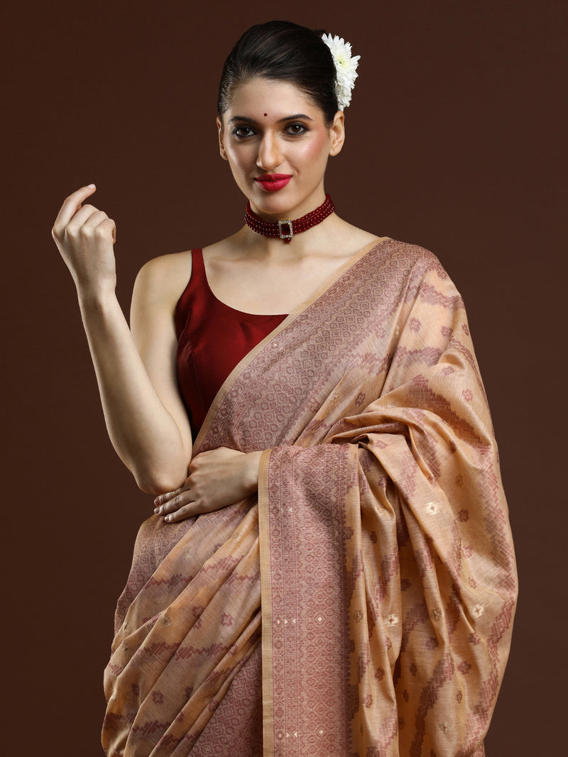 Sarha Ethnic Motif Woven Design Zari Chanderi Saree in Beige