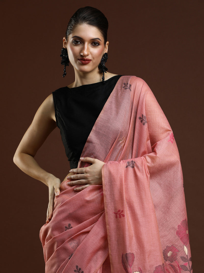 Sarha Ethnic Motif Woven Design Muga Saree in Light Pink