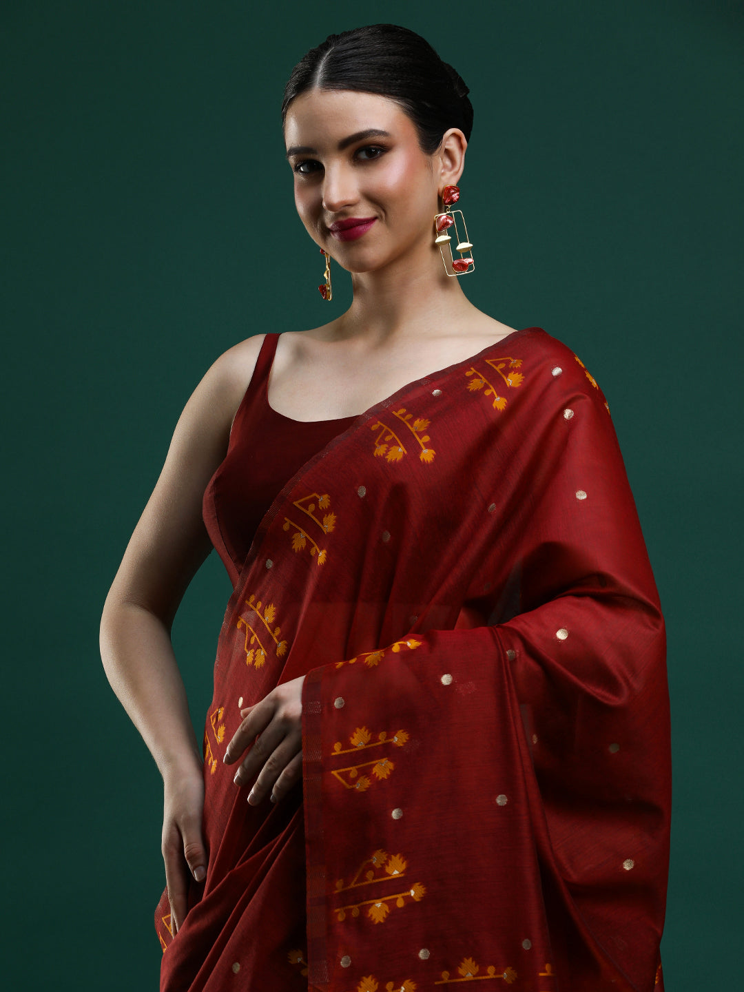Sarha Ethnic Motifs Woven Design Zari Muga Saree in red