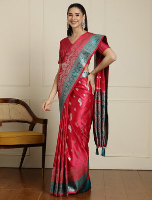 Ethnic Motif Woven Design Banarasi Saree in Pink