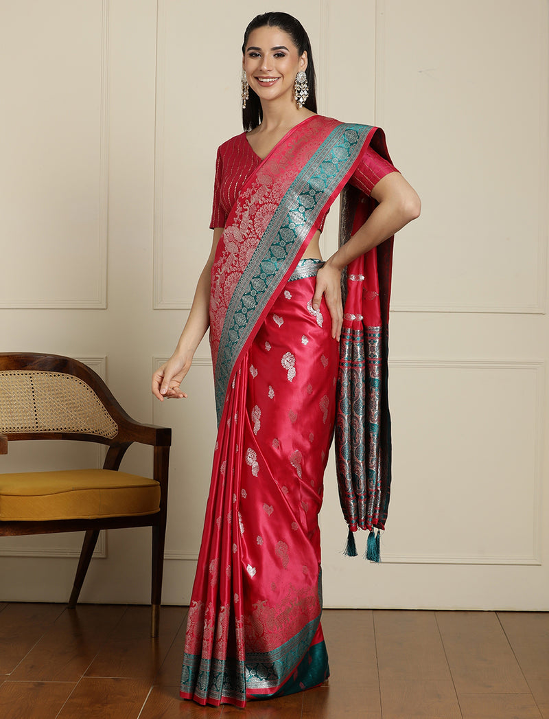 Ethnic Motif Woven Design Banarasi Saree in Pink