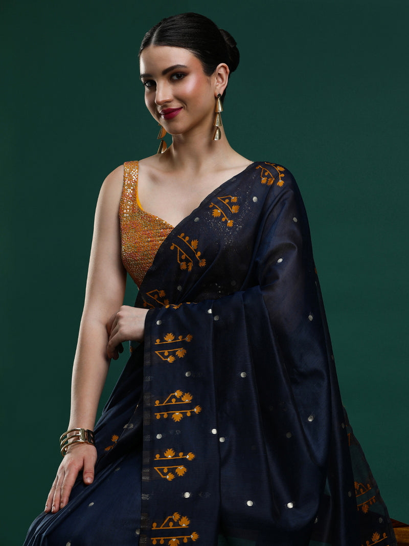 Sarha Ethnic Motifs Print Cotton Blend Celebrity Muga Saree in Navy Blue
