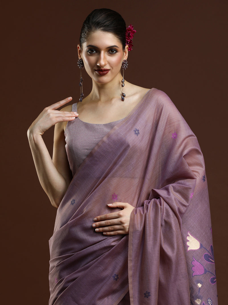 Sarha Floral Woven Design Muga Saree in Lavender