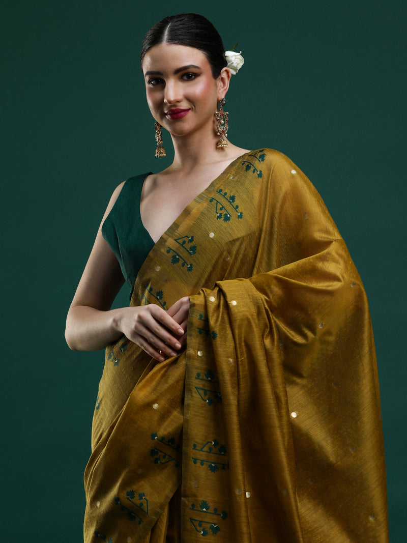 Sarha Ethnic Motifs Print Cotton Blend Celebrity Muga Saree in Mustard