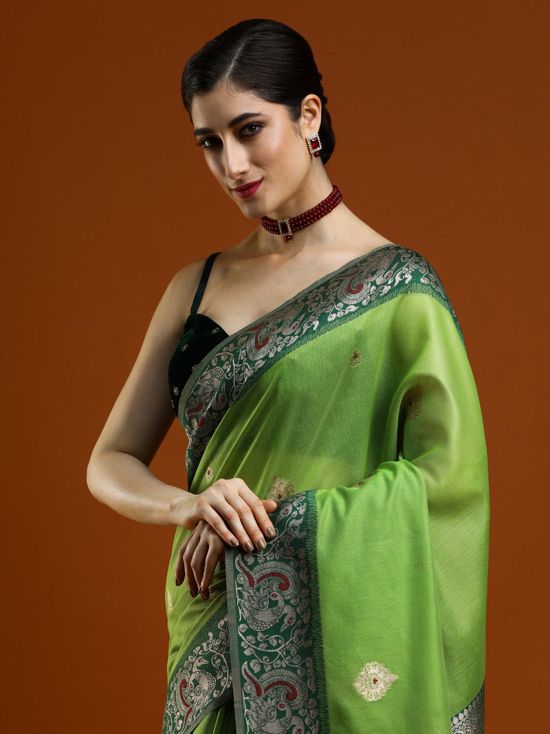 Sarha Ethnic Motifs Woven Design Zari Banarasi Saree with Blouse Piece in Green