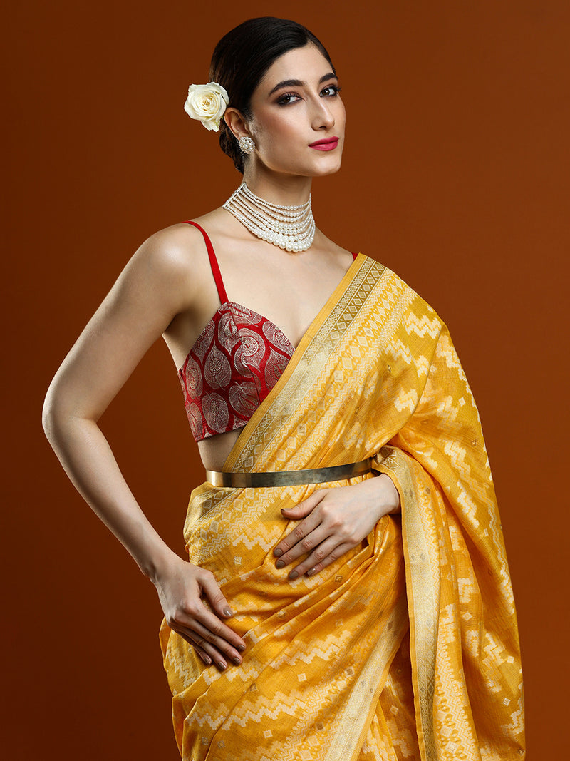 Sarha Geometric Woven Design Chanderi Saree in Yellow