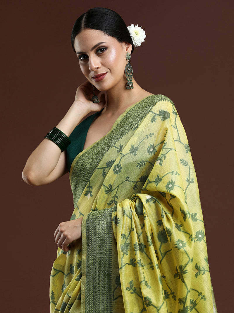 Woven Design Floral Chanderi Cotton Saree in Lime Green
