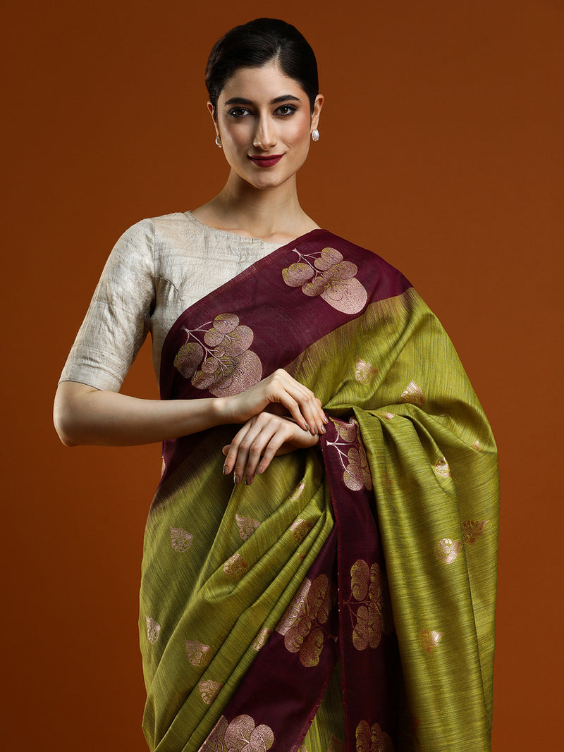 Sarha Ethnic Motifs Woven Design Zari Muga Saree in Olive Green