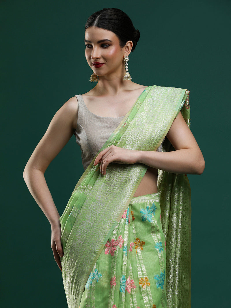 Sarha Woven Design Chanderi Saree in Green