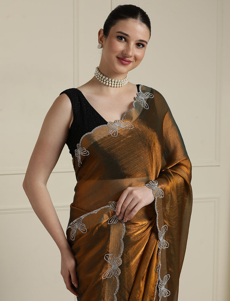 Beads and Stones Wedding Saree With Blouse in Mustard / Gold
